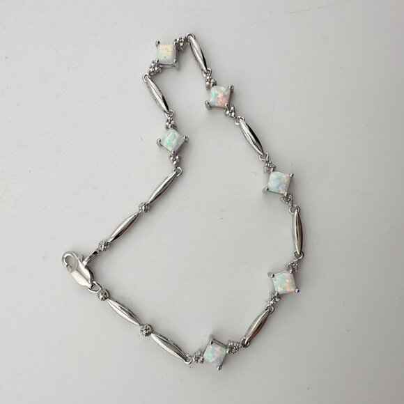 Princess Cut Lab Created Opal Bracelet with Diamond Accent - Picture 4 of 12